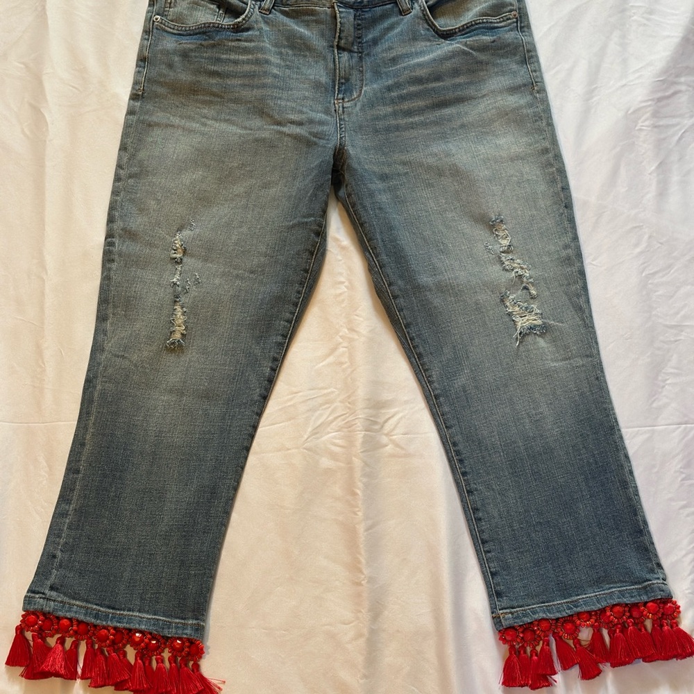 Anthropologie Blue and Red Cropped Fringe Jeans